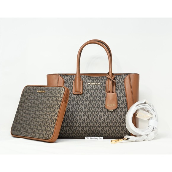 MICHAEL KORS KALI Medium Satchel w iPad Case Brwn Gold Signature Canvas NWT $678 - Picture 1 of 16